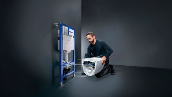 Plumber-mounted WC system comprising Geberit Sigma concealed cistern and Geberit Acanto WC