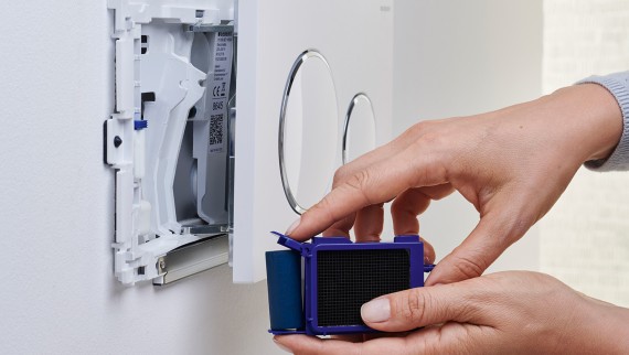 Geberit actuator plate with insert for in-cistern block Geberit actuator plate with insert for in-cistern block