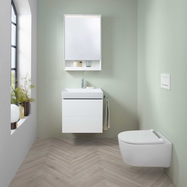 Geberit ONE washbasin area with small handrinse basin, washbasin cabinet and mirror cabinet, plus a shower toilet. Geberit ONE washbasin area with small handrinse basin, washbasin cabinet and mirror cabinet, plus a shower toilet.