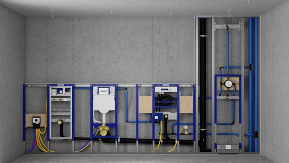 Installation wall with Geberit Duofix elements for urinal, WC, washbasin and shower