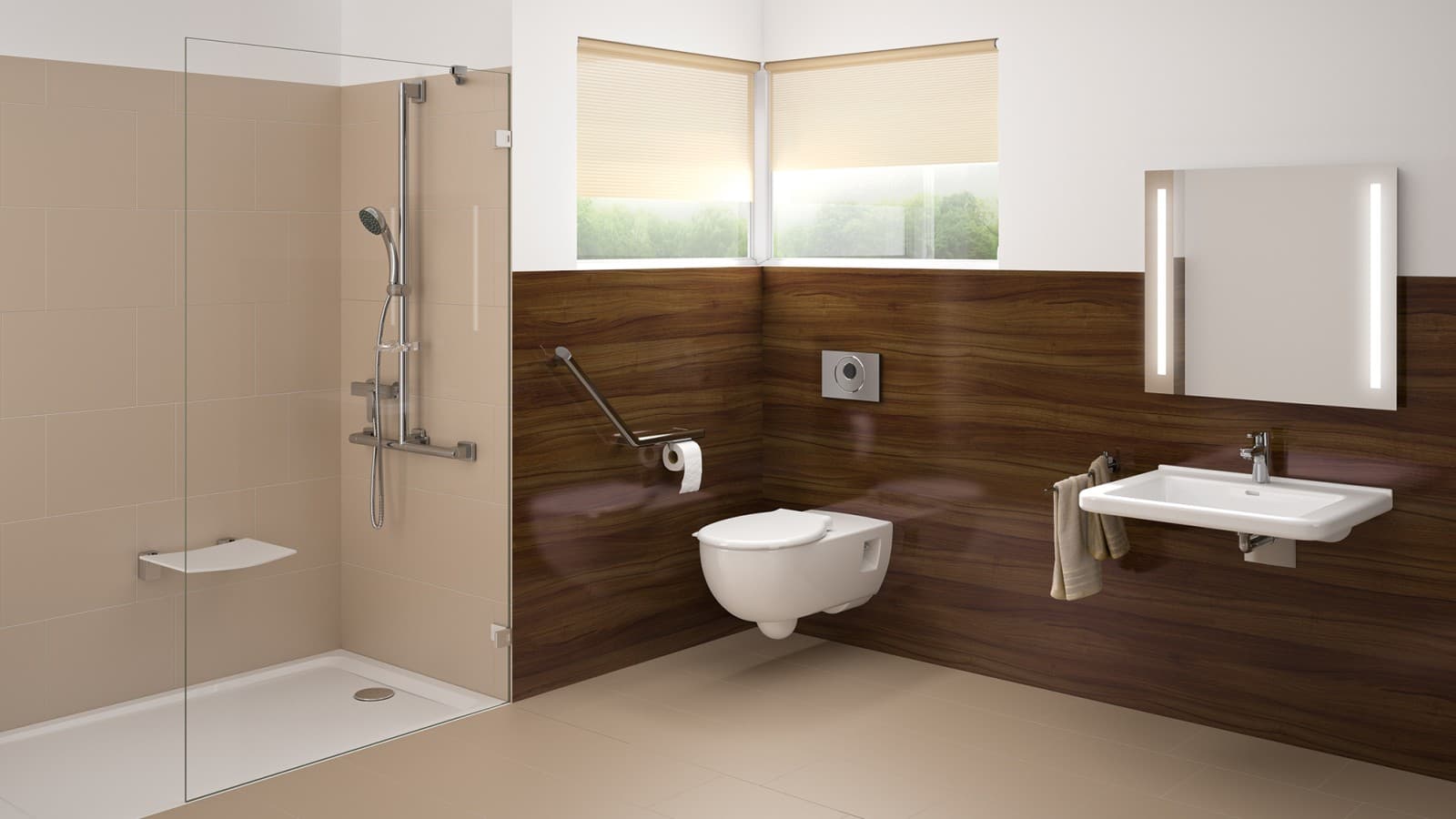 Barrier-free bathroom with washplace, WC and floor-even shower Barrier-free bathroom with washplace, WC and floor-even shower