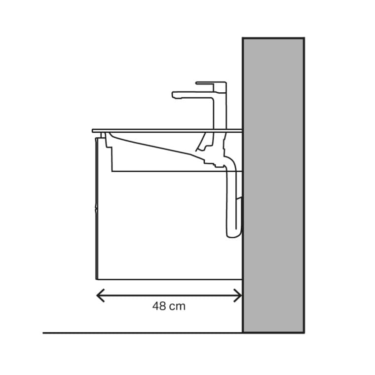 Washbasin figure with 48 cm projection and horizontal drain Washbasin figure with 48 cm projection and horizontal drain